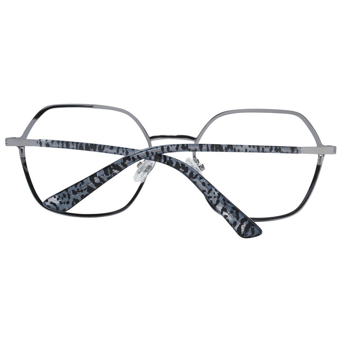 Blue metal hexagonal eyeglasses with silver glitter finish and patterned temple tips on white background