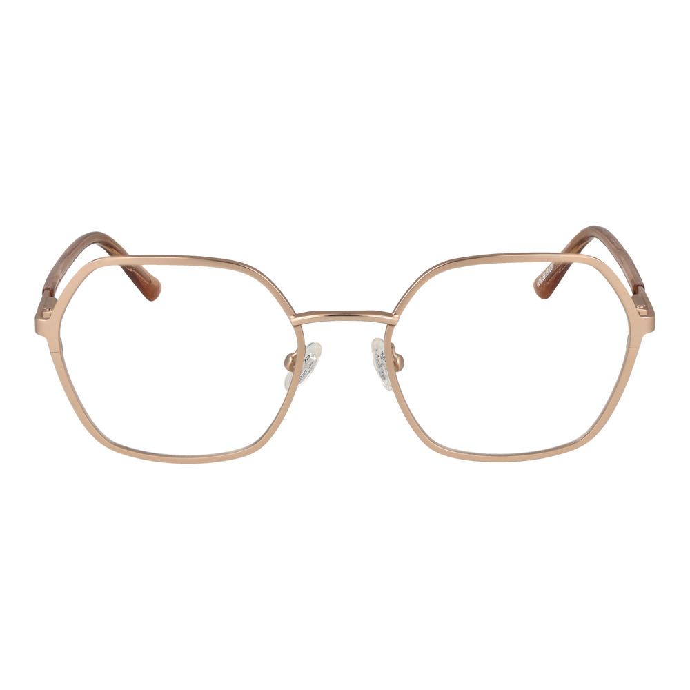 Rose gold thin metal hexagonal eyeglasses on neutral background, adjustable nose pads visible, Unisex modern geometric style