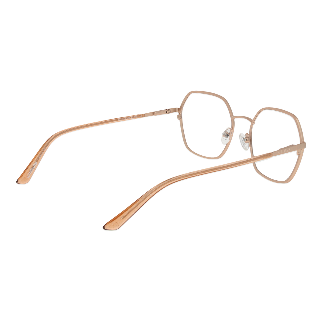 Rose gold thin metal hexagonal eyeglasses on neutral background, adjustable nose pads visible, Unisex modern geometric style