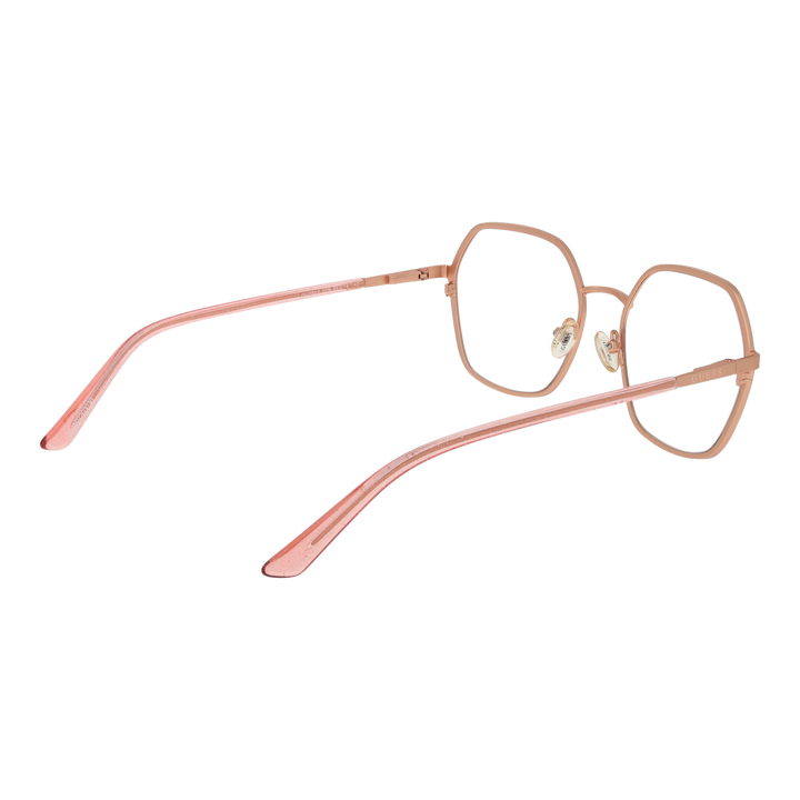 Rose-gold thin metal hexagonal eyeglasses with clear nose pads against neutral background