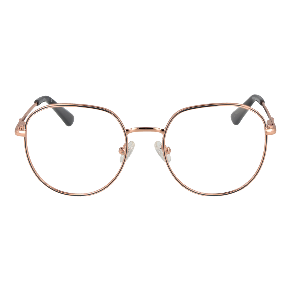Unisex rose gold round metal eyeglasses with black temple tips and clear lenses, thin frame, adjustable nose pads.