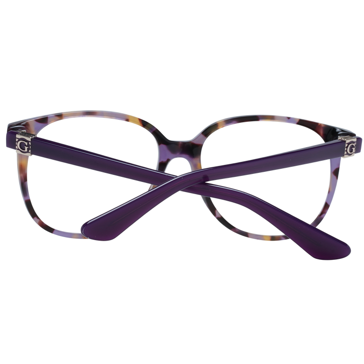 Purple tortoiseshell round eyeglasses in plastic with metal logo on temple, front three-quarter view