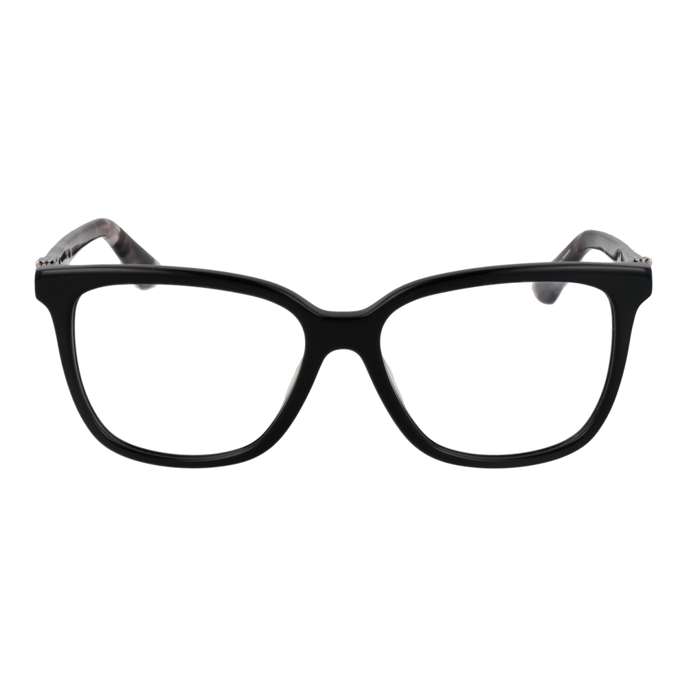 Black rectangular eyeglasses with tortoiseshell patterned arms and metal logo on temples for Women