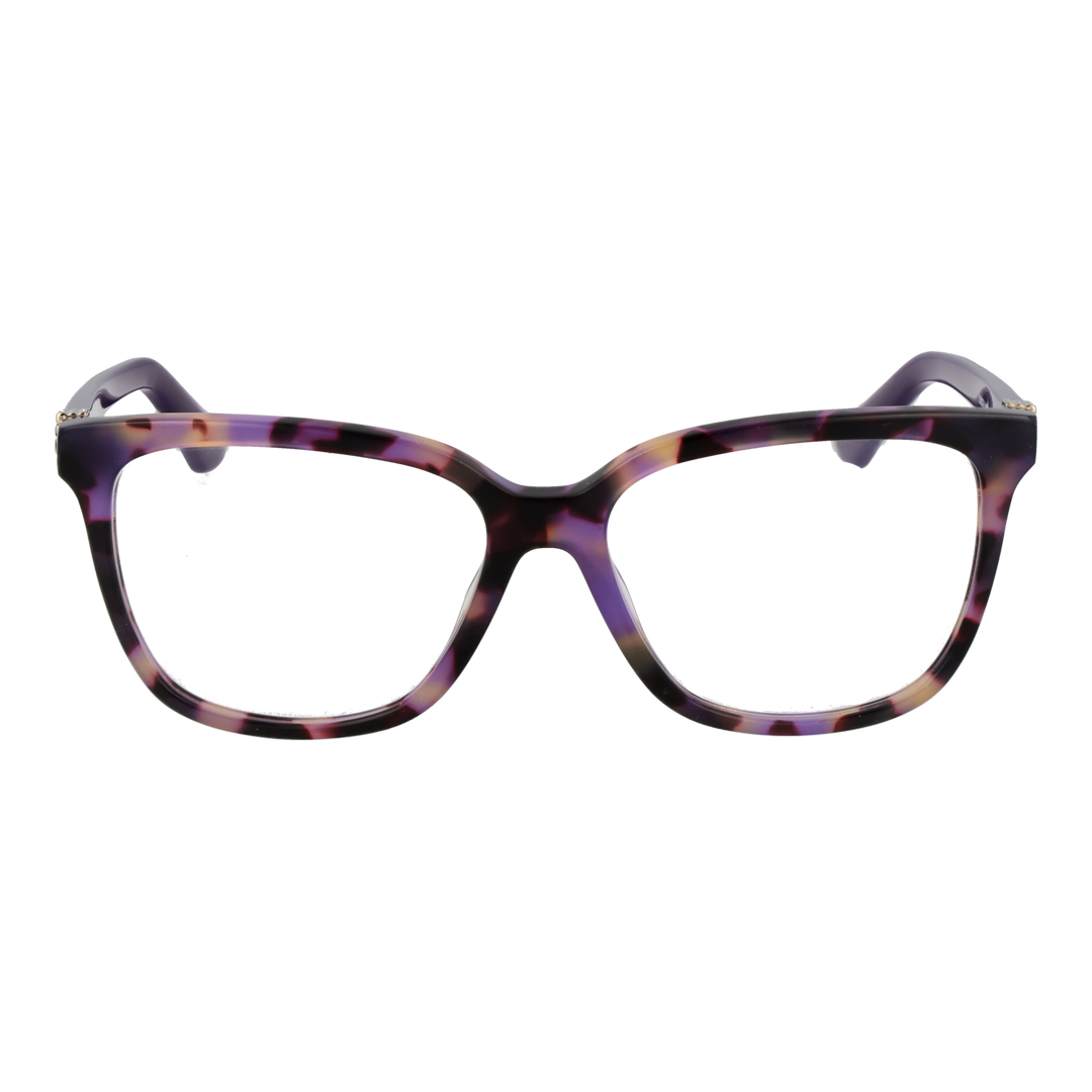 Front and three-quarter view of tortoiseshell square eyeglasses with metal logo temples in purple, black, pink tones