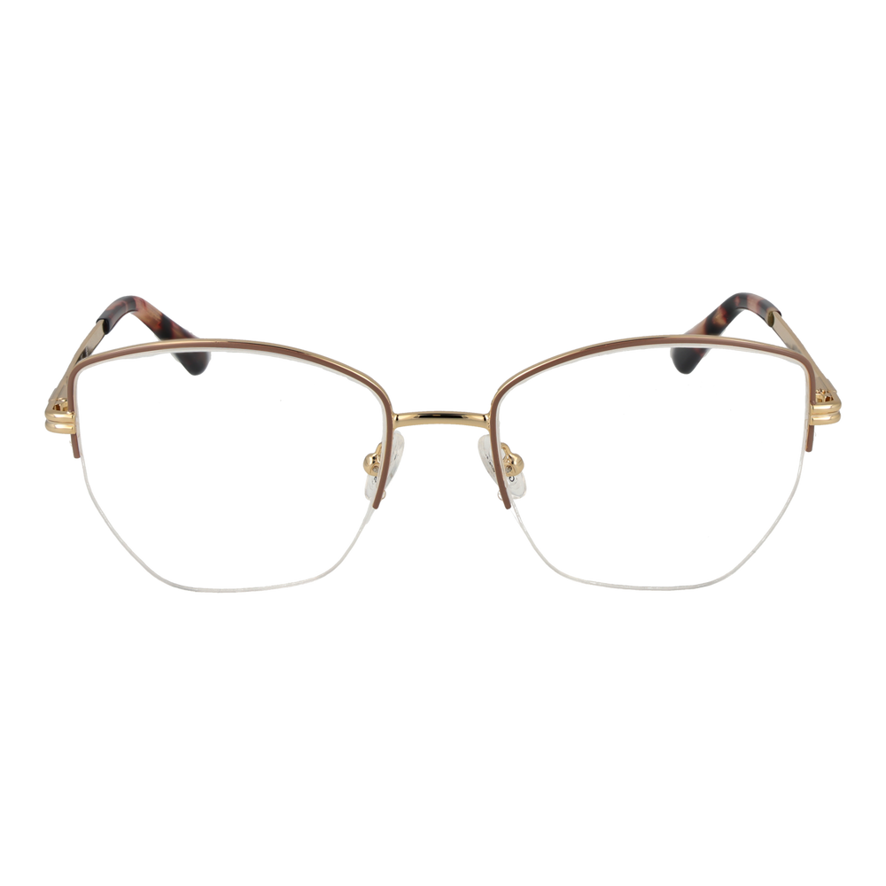 Gold thin metal square eyeglasses with tortoiseshell temple tips on white background, front view