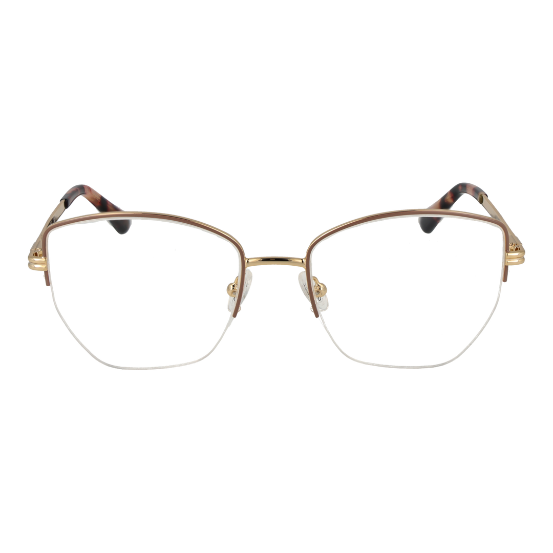 Gold thin metal square eyeglasses with tortoiseshell temple tips on white background, front view