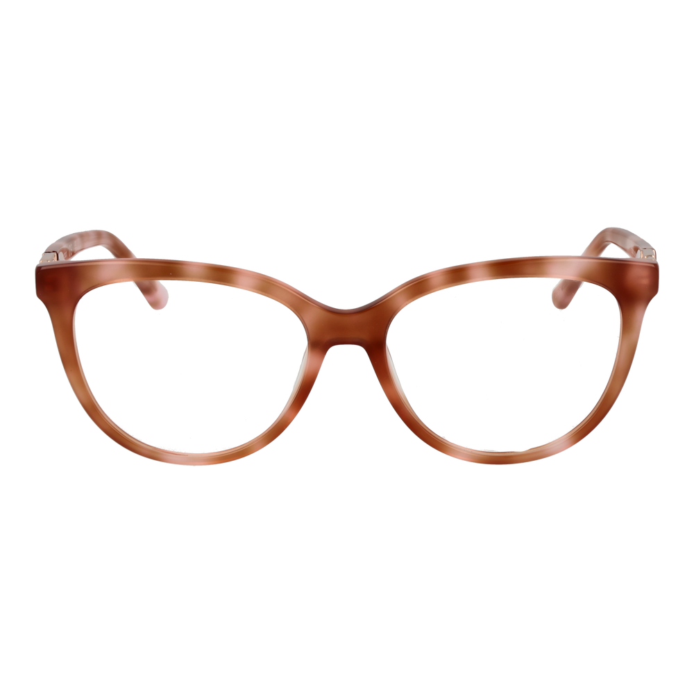 Brown plastic cat-eye eyeglasses with decorative metal temple accents on a neutral background for Women
