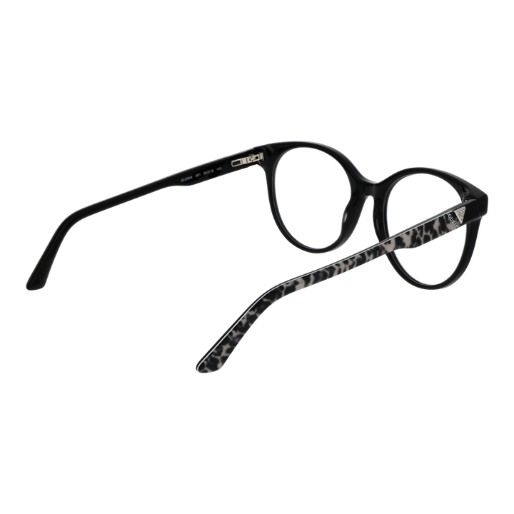 Black round full-rim eyeglasses with leopard-print temples and logo detail, modern fashionable Women’s frame
