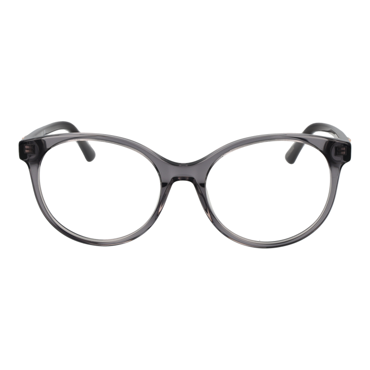 Black and transparent gray plastic round eyeglasses with logo on temples, modern women&