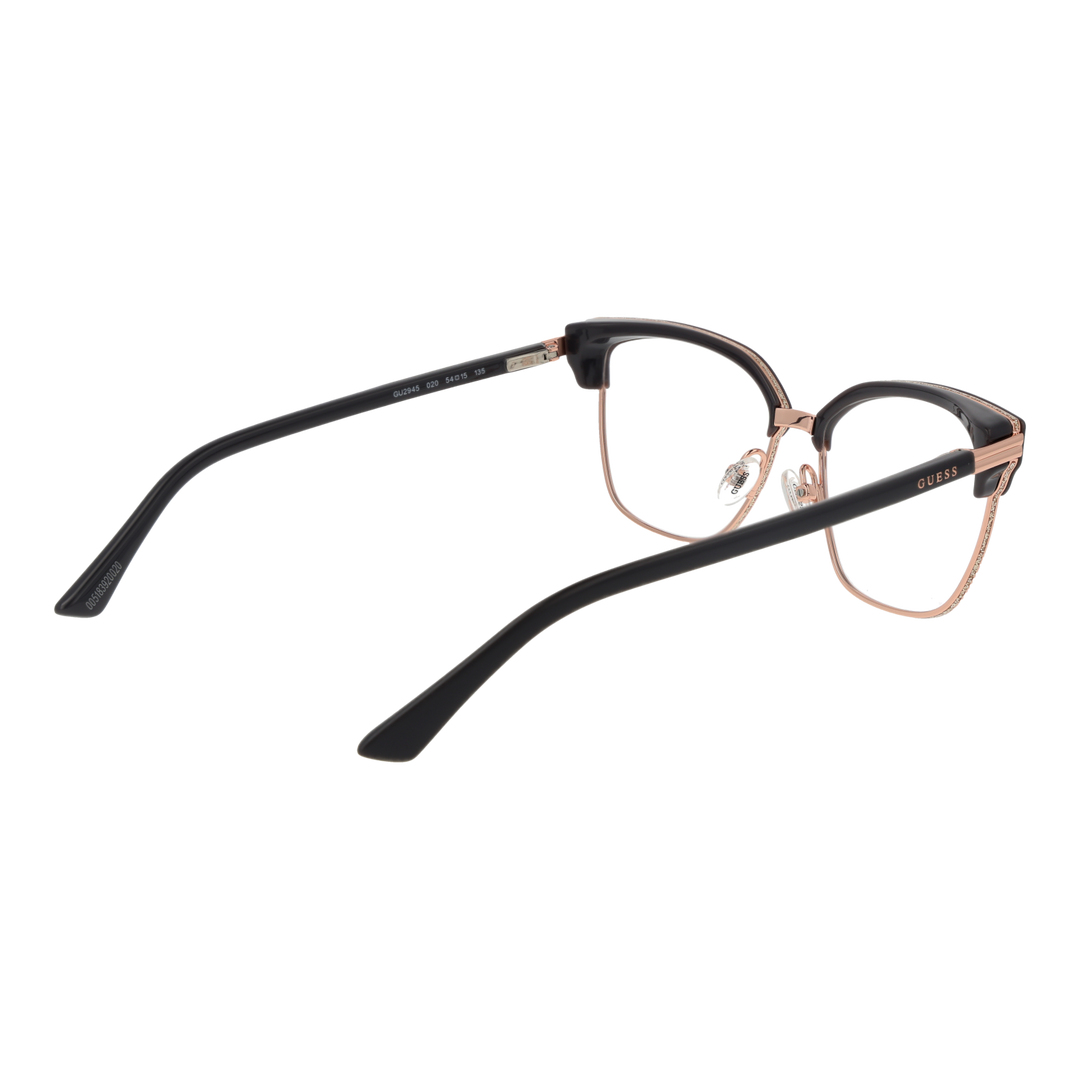Black cat-eye eyeglasses with rose-gold metal frame and black plastic temples on white background