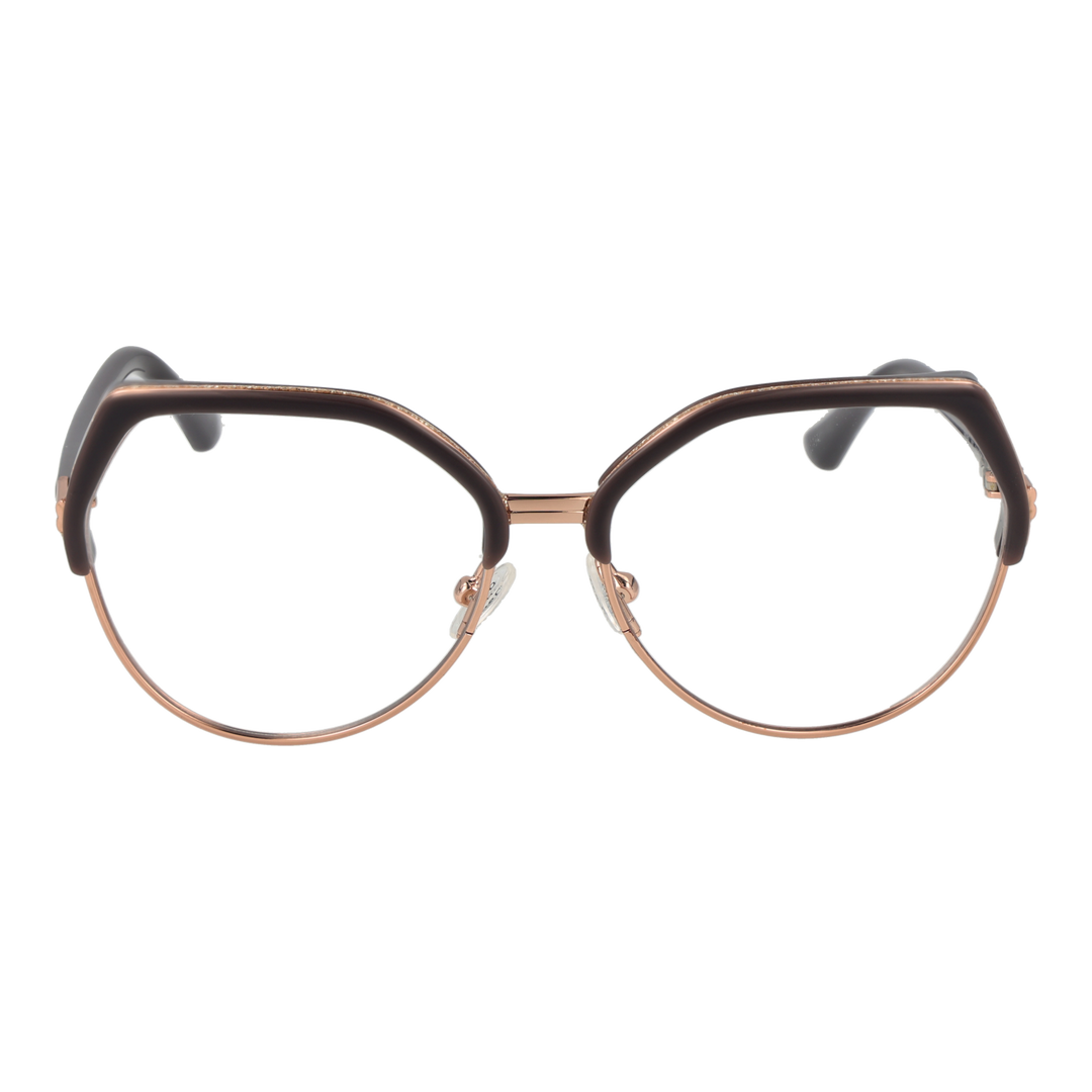 Black and rose gold geometric eyeglasses with thin metal frame and thick upper rim, round lenses, adjustable nose pads