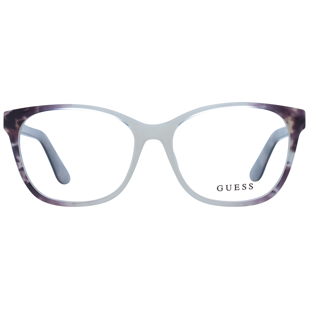 Purple and white patterned rectangular eyeglasses in plastic with metal logo on temple, front three-quarter view