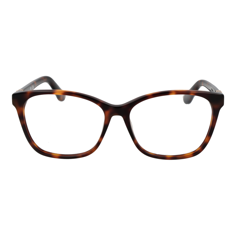 Tortoise brown square eyeglasses in plastic with gold temple accents, shown front and side views