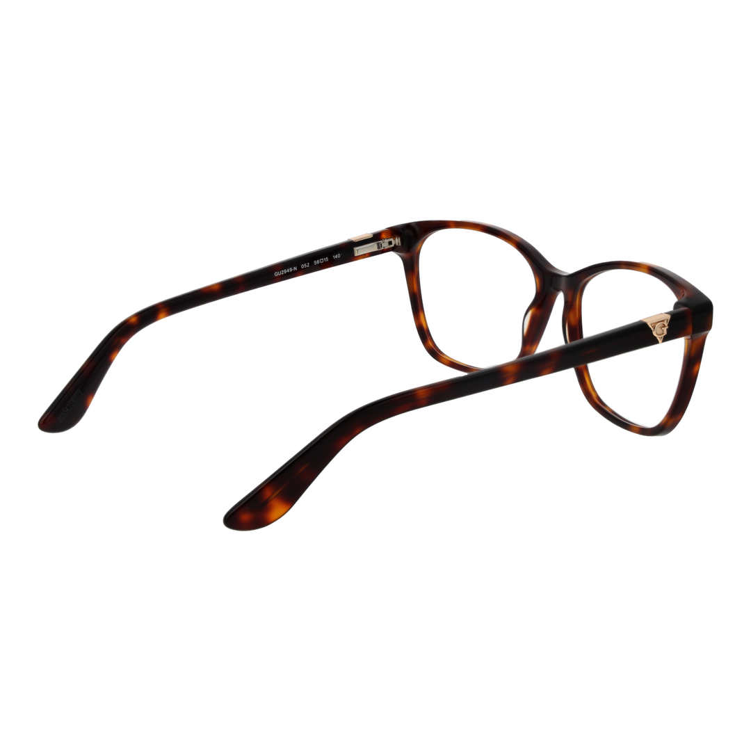 Tortoise brown square eyeglasses in plastic with gold temple accents, shown front and side views