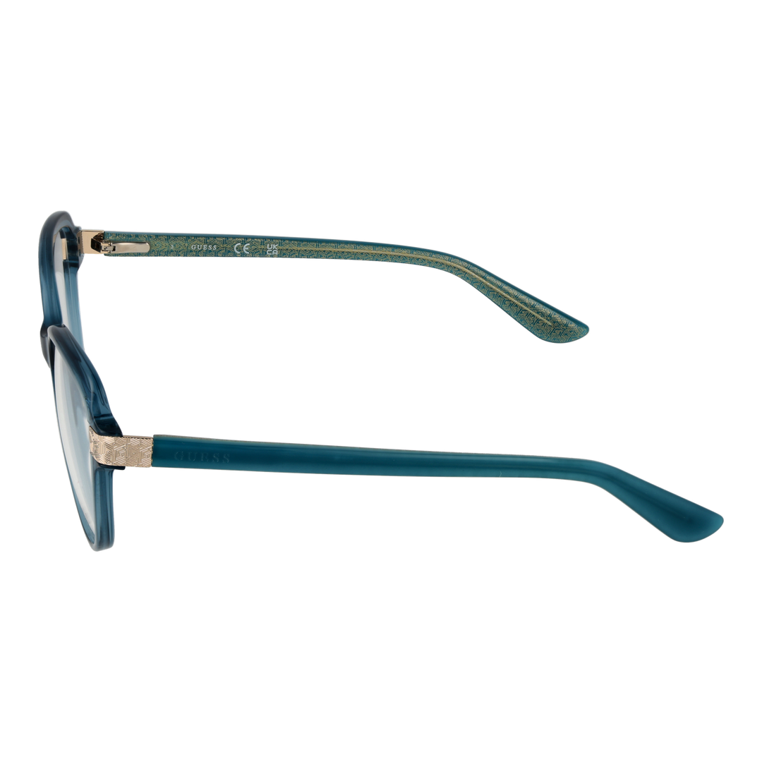 Blue round plastic eyeglasses for Women with gold hinge detail and patterned inner arms