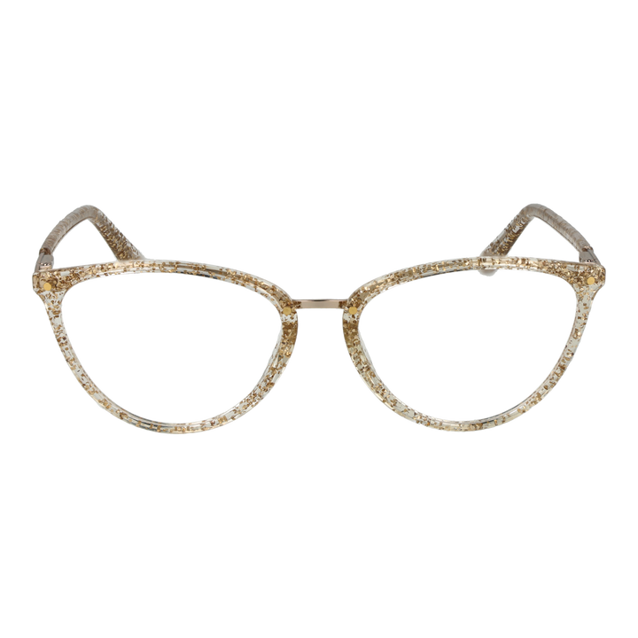 Gold metal and clear acetate cat-eye eyeglasses with embedded glitter, gold temples, front view on neutral background