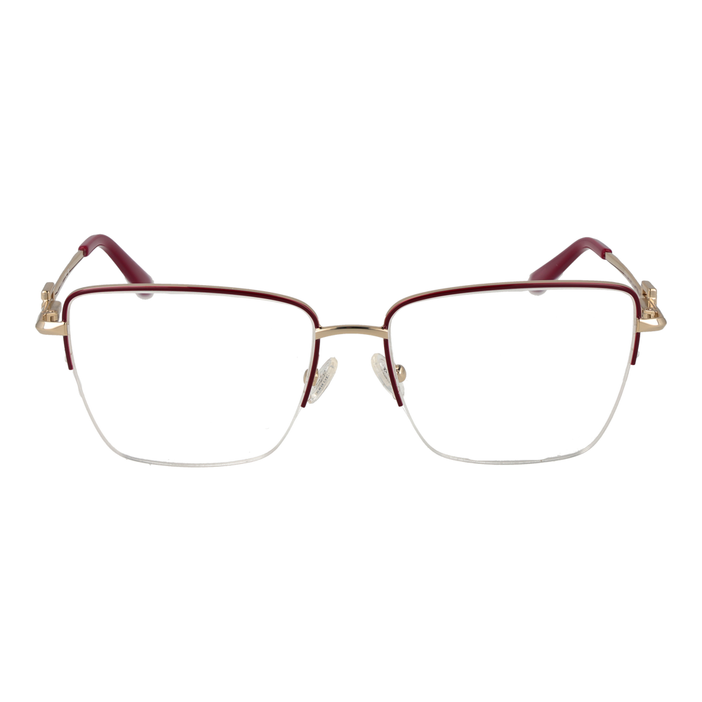 Gold semi-rimless eyeglasses for Women with burgundy temple accents and rectangular lenses, metal frame