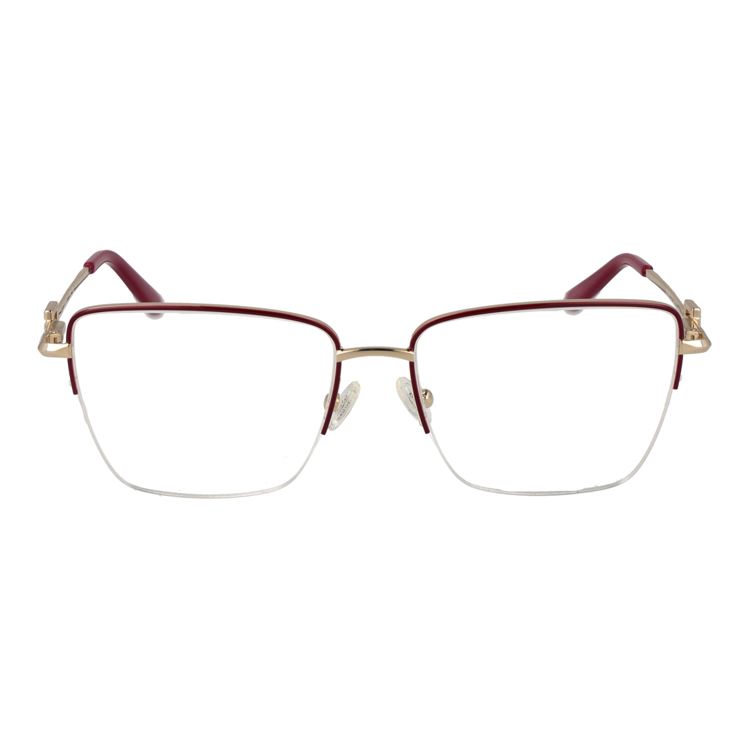 Gold semi-rimless eyeglasses for Women with burgundy temple accents and rectangular lenses, metal frame