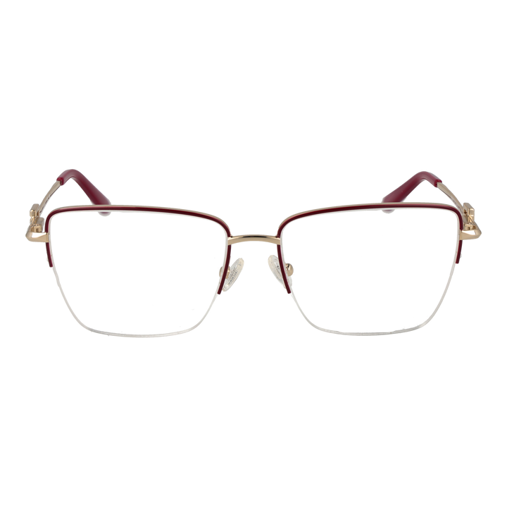 Gold semi-rimless eyeglasses for Women with burgundy temple accents and rectangular lenses, metal frame