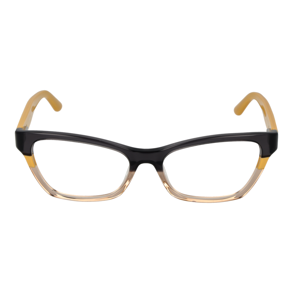 Black and yellow two-tone rectangular eyeglasses with metal logo temples on white background for Women