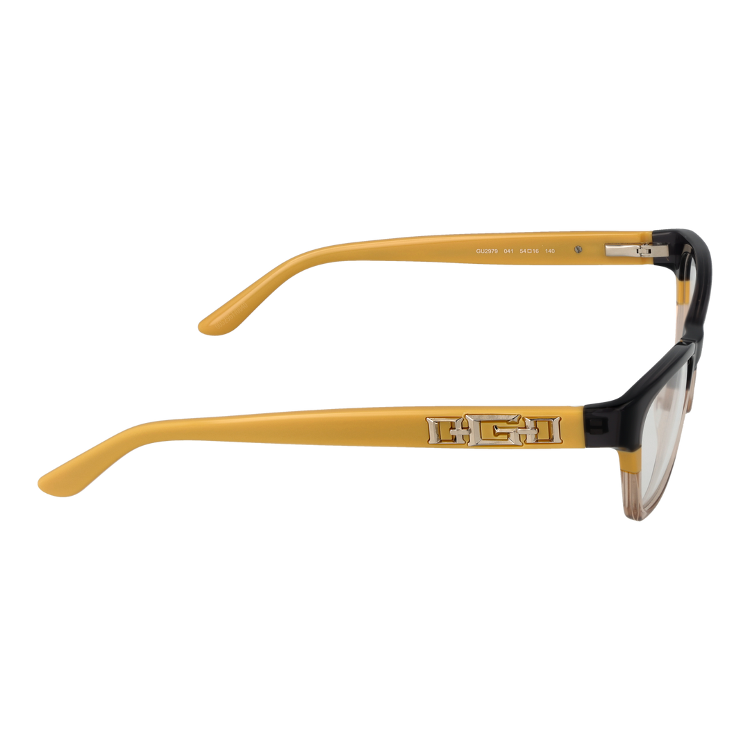 Black and yellow two-tone rectangular eyeglasses with metal logo temples on white background for Women