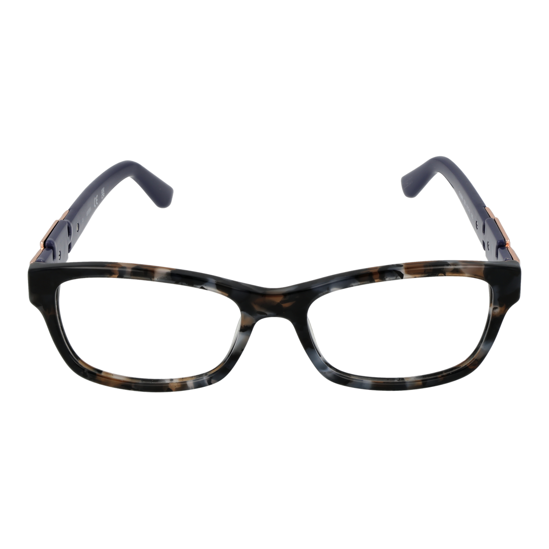 Tortoise shell rectangular eyeglasses with dark blue arms and rose-gold chain-link temple accents