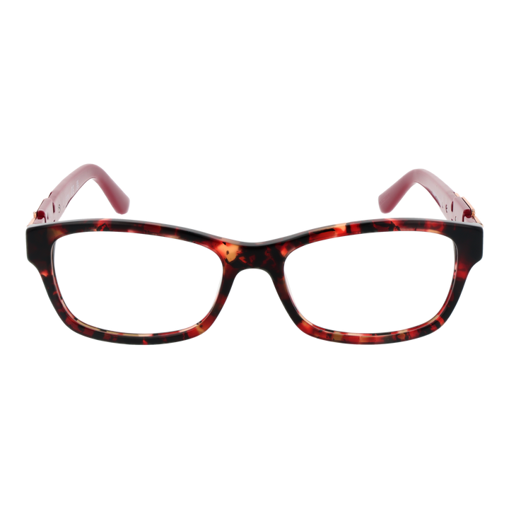Tortoise shell rectangular eyeglasses for Women with red temples and gold decorative temple detail