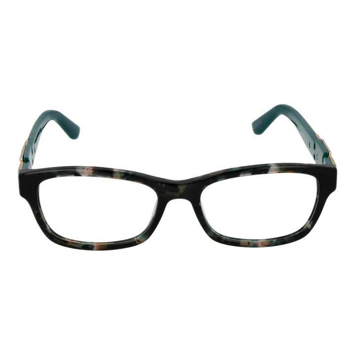 Black rectangular eyeglasses for Women with green-tinted lenses and gold logo temples, plastic full-rim frame