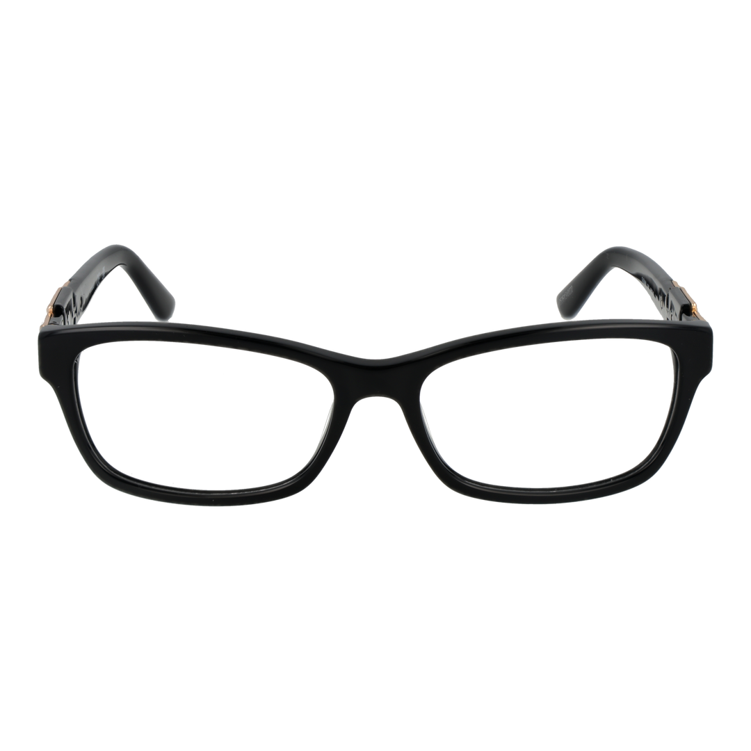 Black plastic rectangular eyeglasses for Women with gold decorative hinge detail, modern full-rim profile
