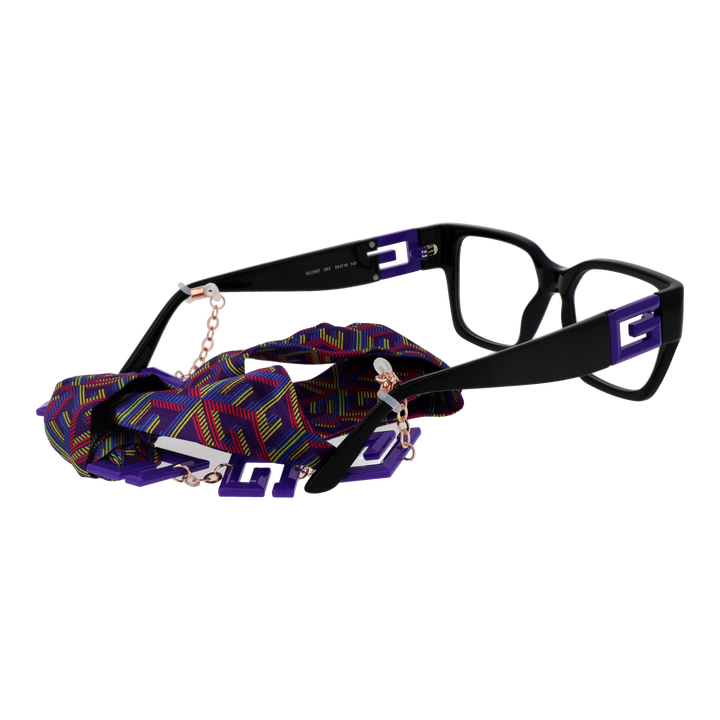 Black square plastic eyeglasses with purple multicolor fabric strap and metal charm chain on a neutral background.