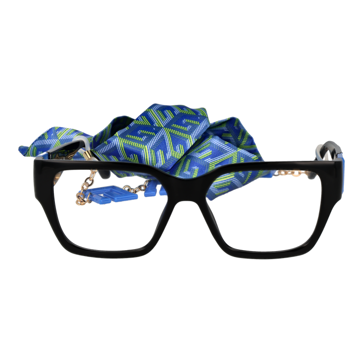 Black square eyeglasses with blue-green accents, attached patterned fabric strap and decorative metal chain with blue letters