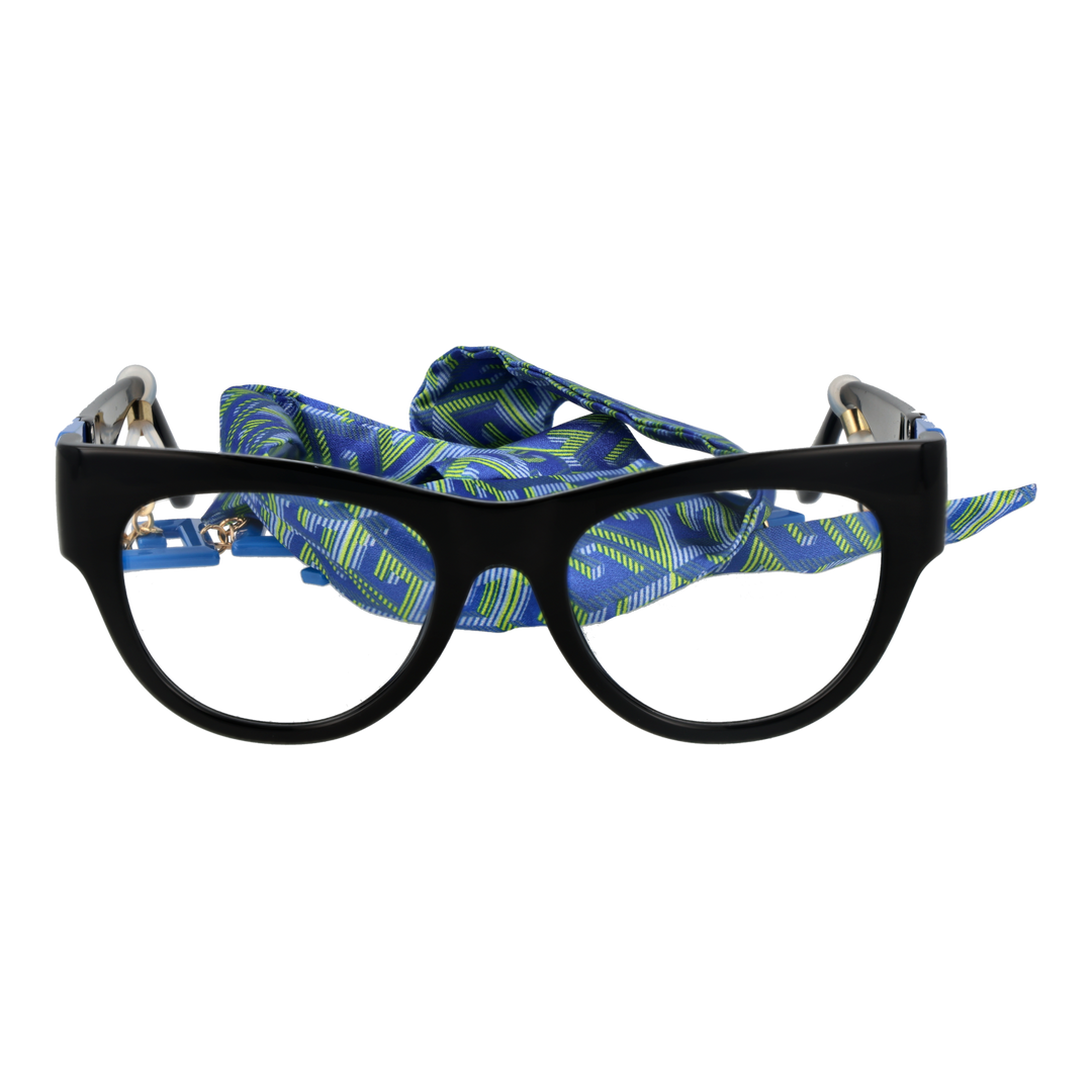 Black, blue, and green retro cat-eye eyeglasses with decorative blue &