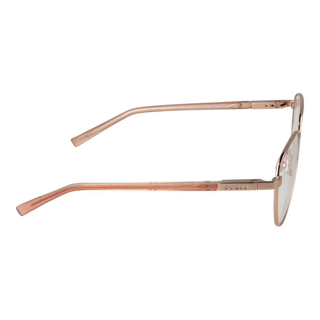 Rose gold round metal eyeglasses with thin rims and transparent temple tips on white background