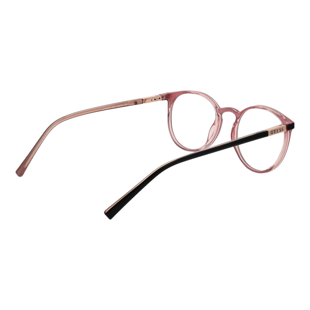 Black and brown plastic round eyeglasses with thin frame and transparent inner rim shown front view