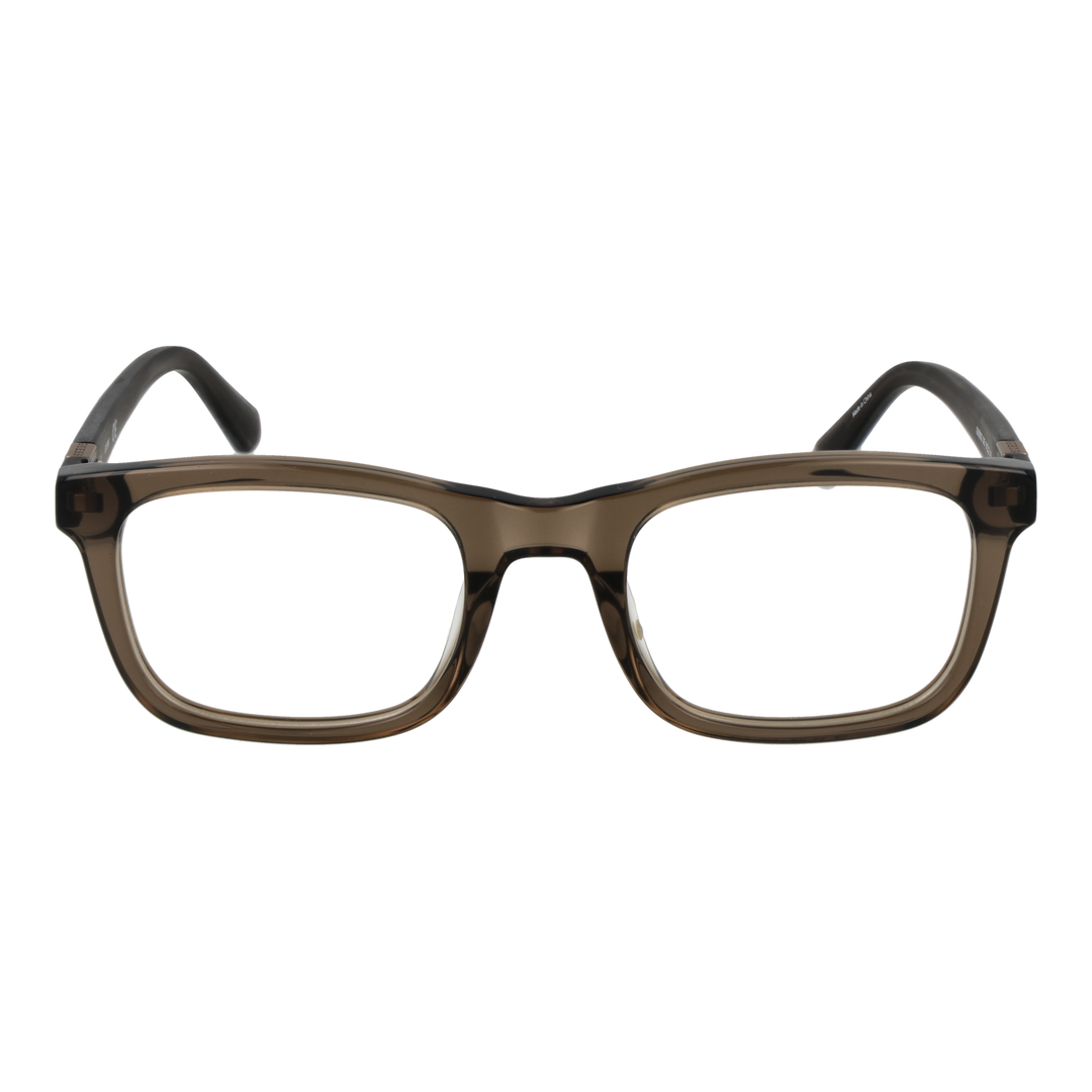 Transparent brown plastic rectangular eyeglasses with metal triangle detail on temples, Unisex modern style