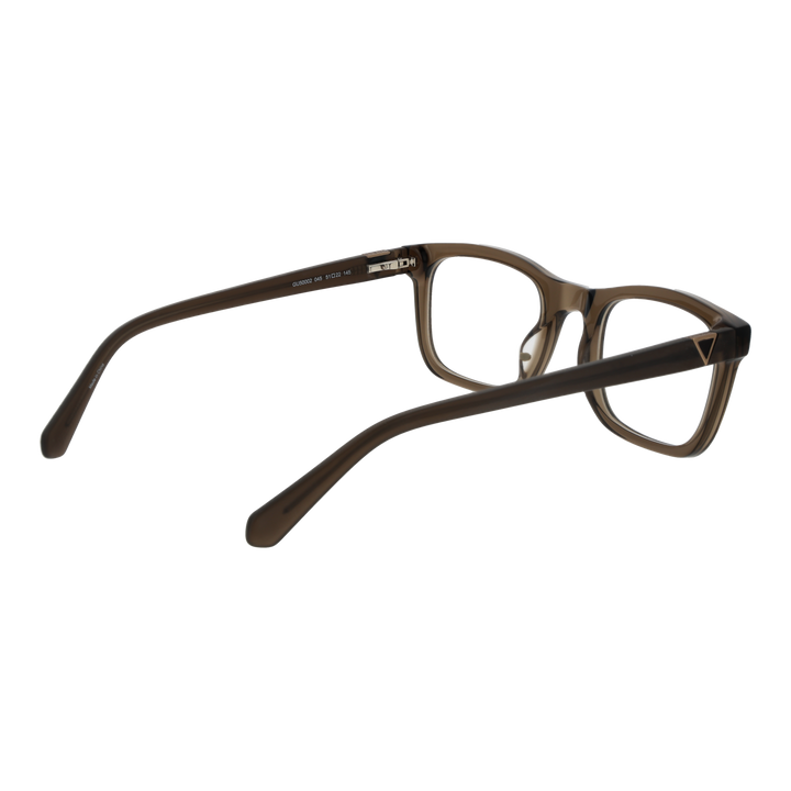 Transparent brown plastic rectangular eyeglasses with metal triangle detail on temples, Unisex modern style