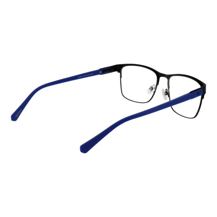 Unisex black and blue rectangular full-rim eyeglasses with thin metal frame and nose pads on white background
