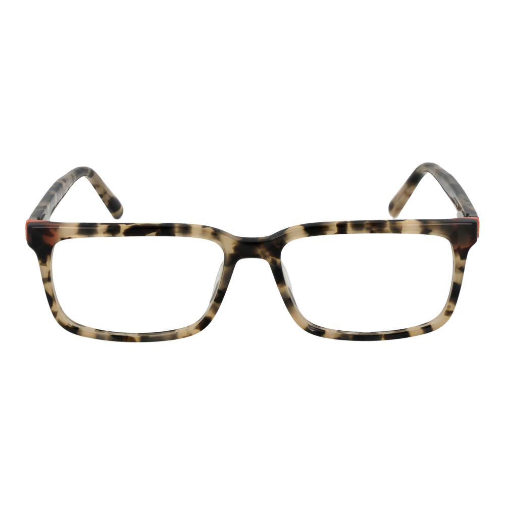 Unisex tortoise shell full-rim eyeglasses with rectangular lenses and small orange hinge accent, black and beige tones
