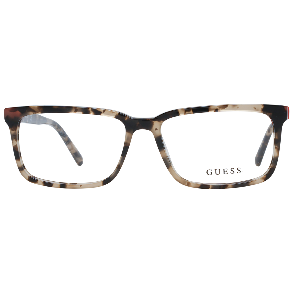 Unisex tortoiseshell rectangular eyeglasses in brown beige black with red temple accent and Guess 'G' logo