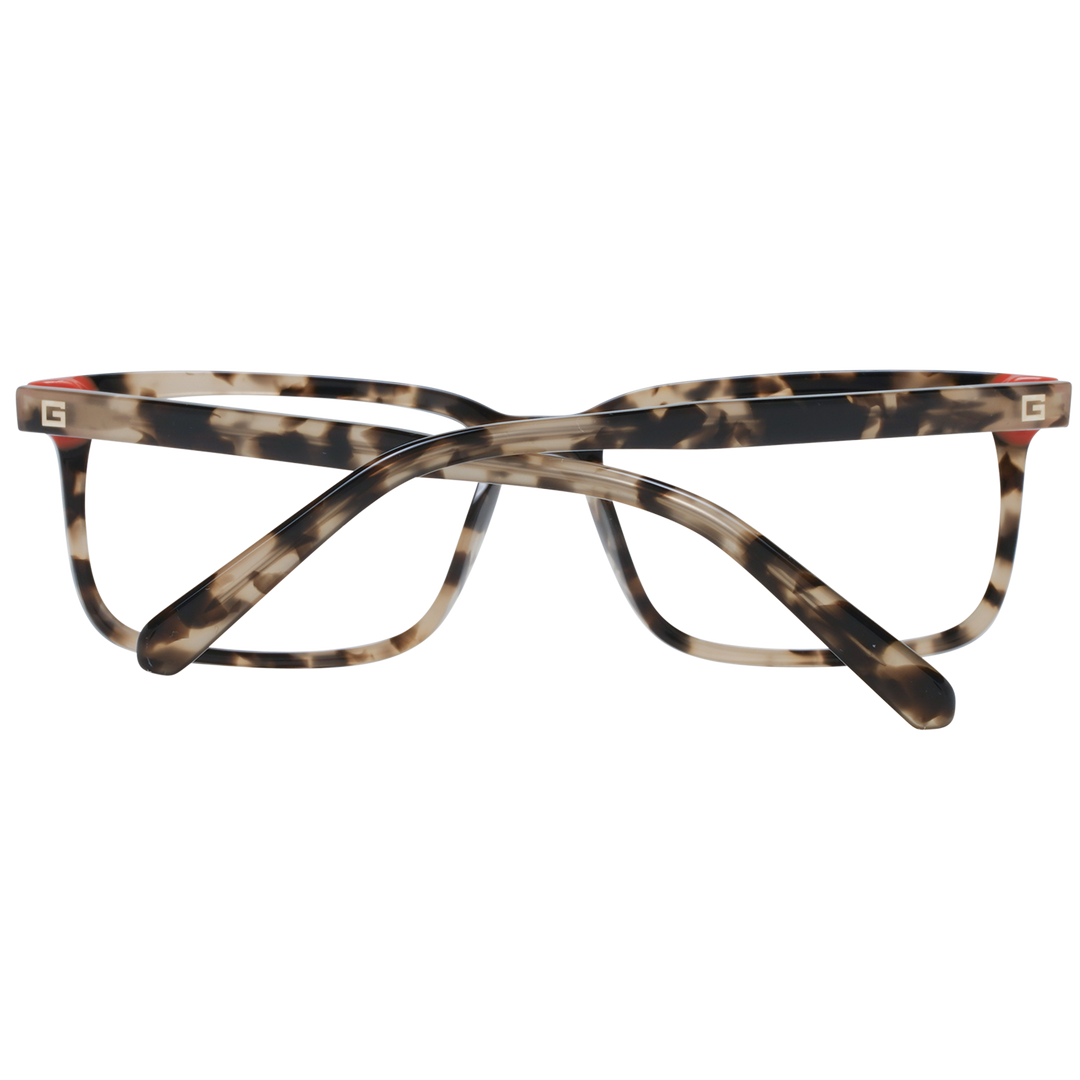 Unisex tortoiseshell rectangular eyeglasses in brown beige black with red temple accent and Guess &