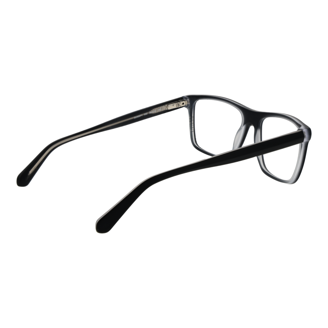 Black full-rim rectangular eyeglasses in modern plastic frame shown front-on and slightly angled