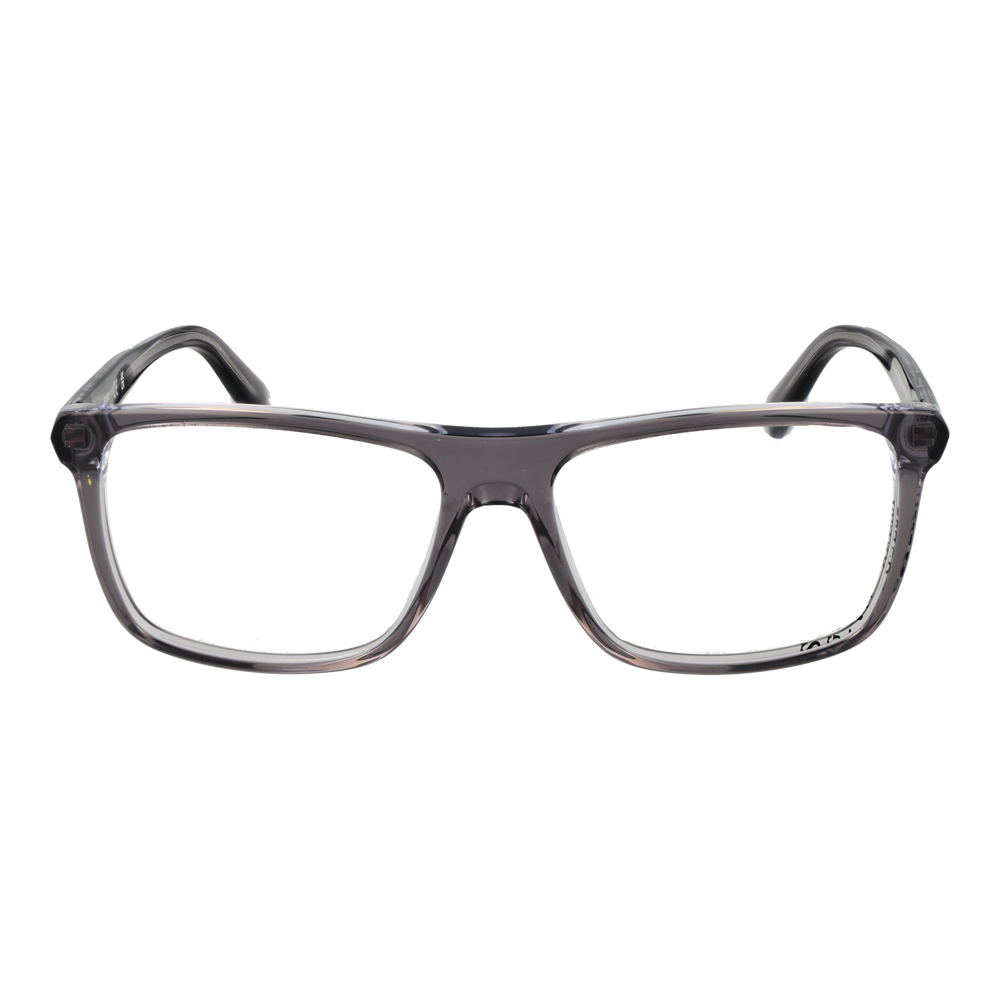 Unisex transparent gray plastic eyeglasses with rectangular lenses and modern full-rim frame on white