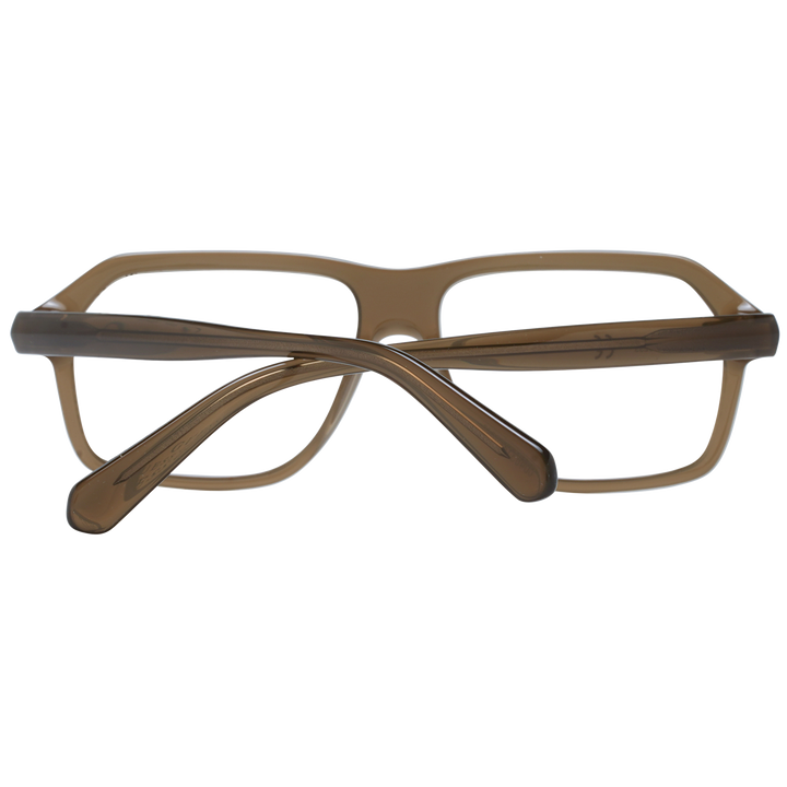 Unisex brown plastic full-rim rectangular eyeglasses on neutral background, modern clean silhouette