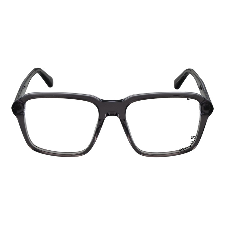 Unisex transparent plastic full-rim rectangular eyeglasses in gray, modern slender temples on neutral background