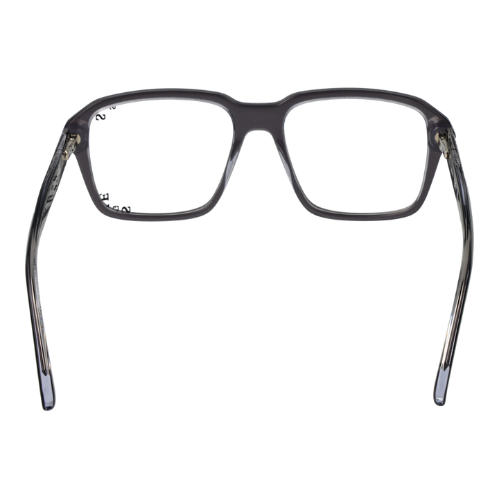 Unisex transparent plastic full-rim rectangular eyeglasses in gray, modern slender temples on neutral background