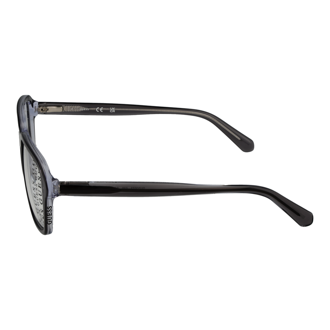 Unisex transparent plastic full-rim rectangular eyeglasses in gray, modern slender temples on neutral background