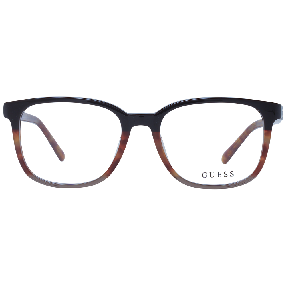 Unisex two-tone black and tortoiseshell rectangular eyeglasses in plastic with metal hinge detail on neutral background