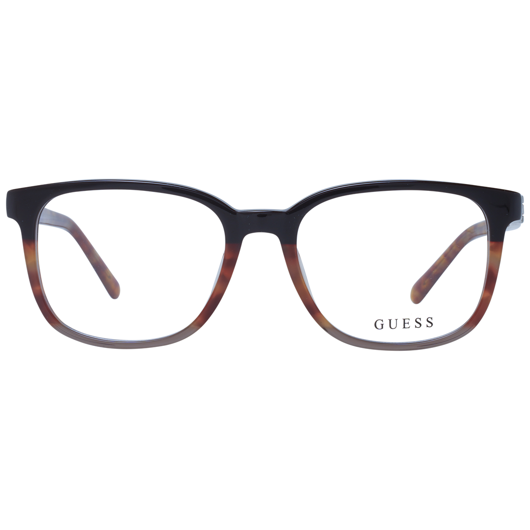 Unisex two-tone black and tortoiseshell rectangular eyeglasses in plastic with metal hinge detail on neutral background