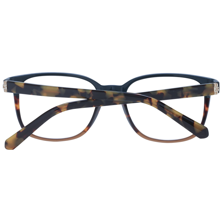 Black and tortoiseshell brown square eyeglasses in plastic with gradient frame and metallic temple logo
