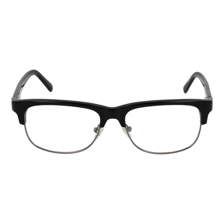 Black and silver semi-rimless eyeglasses with rectangular lenses, plastic upper frame and metal lower rim